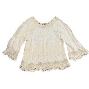 Democracy Ivory Lace Crochet Boho Style Peasant Blouse Size Medium Cottage Chic